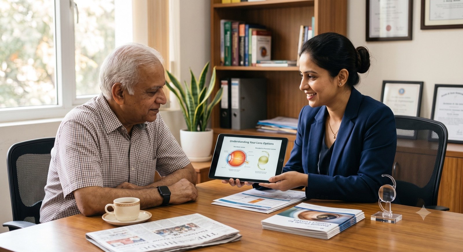 Eye surgeon advising patient on modern monofocal and multifocal cataract lenses