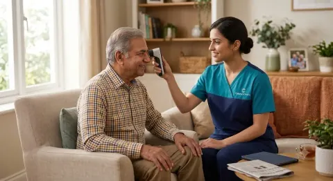 Certified optometrist performing home cataract screening in Hyderabad